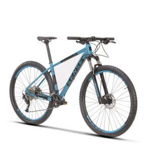 foto de uma bicicleta sense rock evo modelo 2022 nas cores qua e preto com o fundo branco